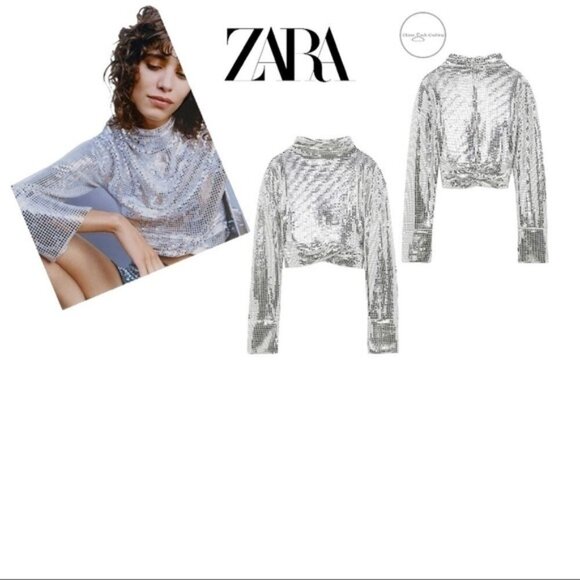 Nwt ZARA Draped Silver Sparkly Cropped Top Size XS - Picture 1 of 11